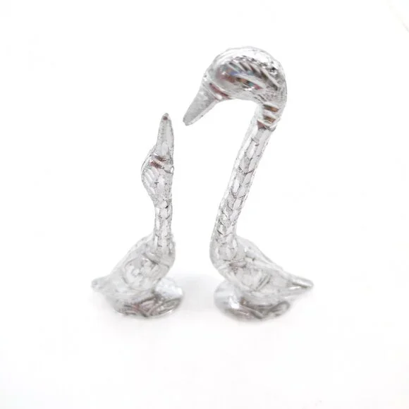 Vintage Aluminum Swan Figurine Pair 7" Hand-Carved Birds Boho Silver Decor - Picture 9 of 12